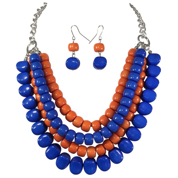 4 Row Bead Royal Blue Orange Necklace Earrings Set - Picture 1 of 3
